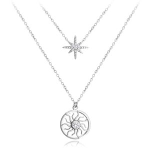 Dvojitý strieborný náhrdelník slnko a hviezda s bielymi zirkónmi, Minet 9SN48