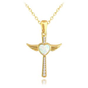 Pozlátený strieborný náhrdelník anjel  s bielym opálovým srdcom, Minet 6GN45